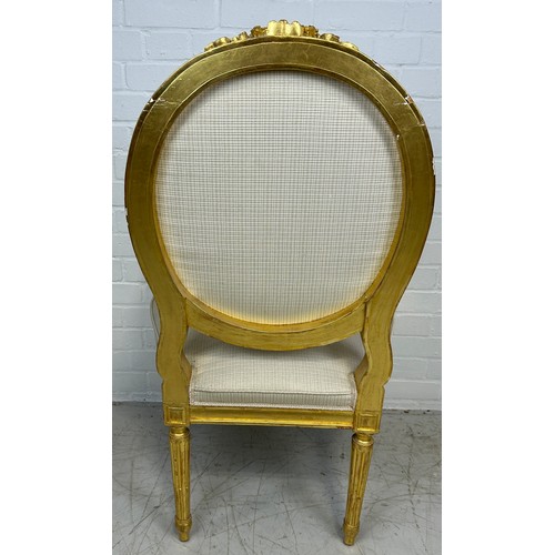 449 - A GEORGE III STYLE GILT WOOD SINGLE ARMCHAIR, 

With neutral chequered fabric upholstered back, seat... 