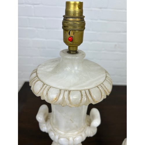 14 - A PAIR OF ALABASTER URN ON PEDESTAL TABLE LAMPS, 

58cm H each.