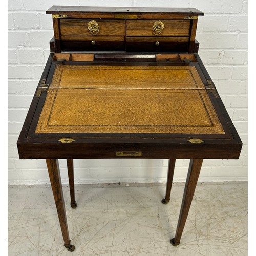 5 - A 19TH CENTURY ANGLO INDIAN WRITING SLOPE ON STAND, 

Rosewood with brass inlay and campaign handles... 