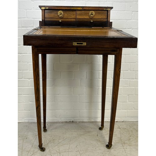 5 - A 19TH CENTURY ANGLO INDIAN WRITING SLOPE ON STAND, 

Rosewood with brass inlay and campaign handles... 