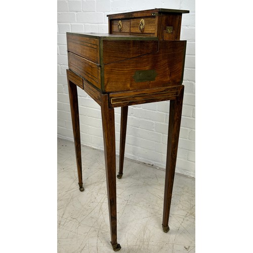 5 - A 19TH CENTURY ANGLO INDIAN WRITING SLOPE ON STAND, 

Rosewood with brass inlay and campaign handles... 