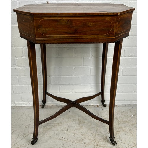 9 - A 19TH CENTURY MAHOGANY WORK TABLE, 

Slender swept legs joined by an X frame stretcher, raised on c... 