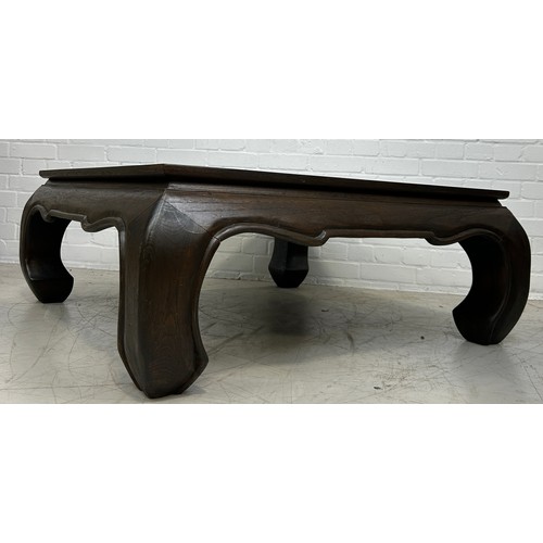 453 - A CHINESE DESIGN OPIUM TABLE ON FOUR SCROLLING LEGS, 

105cm x 105cm x 40cm