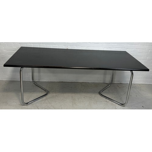 460 - A LARGE DINING TABLE AND SIX CHAIRS BY RYMAN CONRAN, 

The table with ebonised wooden top in two chr... 