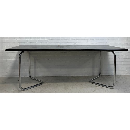 460 - A LARGE DINING TABLE AND SIX CHAIRS BY RYMAN CONRAN, 

The table with ebonised wooden top in two chr... 