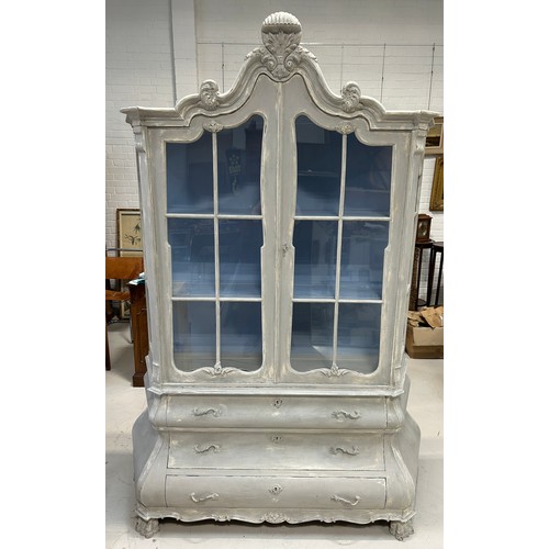 456 - A LARGE GREY PAINTED FRENCH ARMOIRE, 

220cm x 160cm x 55cm 

Two glazed doors over three bombe draw... 