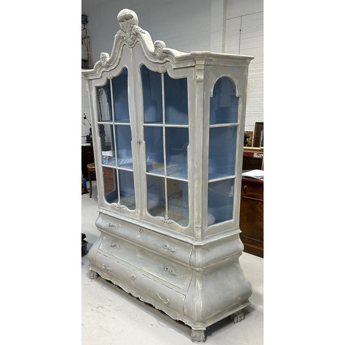 456 - A LARGE GREY PAINTED FRENCH ARMOIRE, 

220cm x 160cm x 55cm 

Two glazed doors over three bombe draw... 