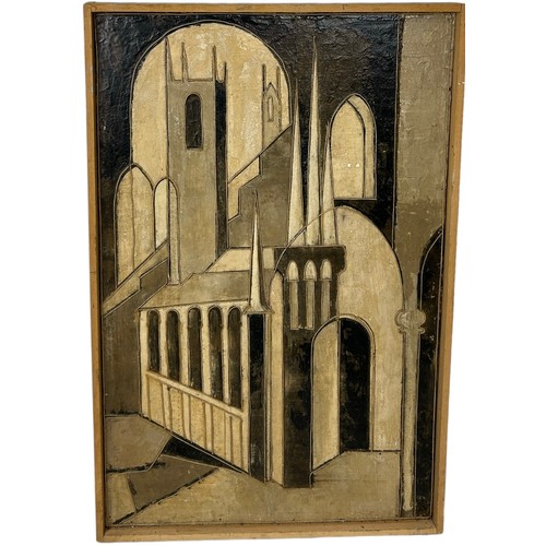 304 - AN ABSTRACT OIL PAINTING ON BOARD DEPICTING A CATHEDRAL, 

71cm x 45cm 

Mounted in a frame.