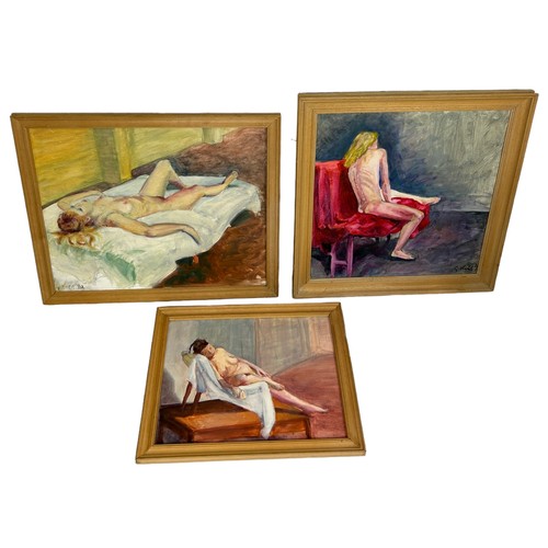 332 - A GROUP OF THREE OIL ON BOARD NUDE STILL LIFE PAINTINGS (3)

Largest 60cm x 49cm 

All mounted in fr... 