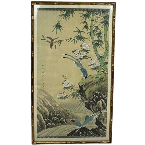 307 - A LARGE CHINESE PAINTING ON SILK DEPICTING BAMBOO SHOOTS, FLOWERS AND BIRDS, 

117cm x 60cm 

Mounte... 