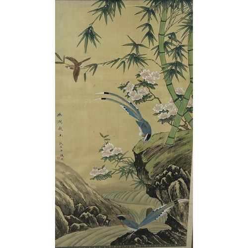 307 - A LARGE CHINESE PAINTING ON SILK DEPICTING BAMBOO SHOOTS, FLOWERS AND BIRDS, 

117cm x 60cm 

Mounte... 