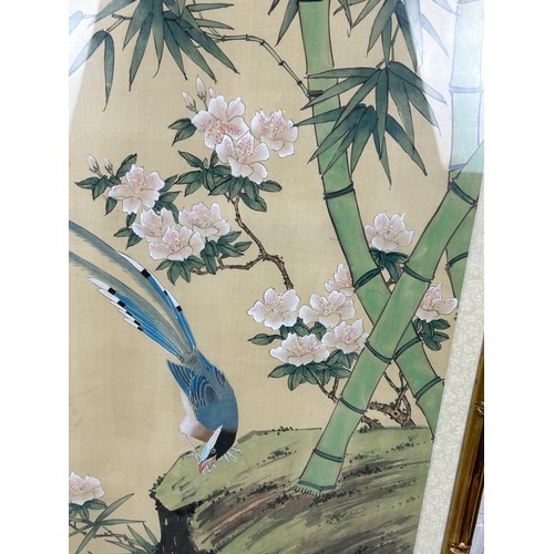 307 - A LARGE CHINESE PAINTING ON SILK DEPICTING BAMBOO SHOOTS, FLOWERS AND BIRDS, 

117cm x 60cm 

Mounte... 