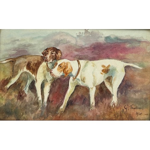 356 - A WATERCOLOUR ON PAPER DEPICTING TWO DOGS IN A FIELD, 

Signed G. Thurbon 

22cm x 13cm