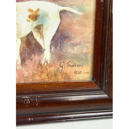 356 - A WATERCOLOUR ON PAPER DEPICTING TWO DOGS IN A FIELD, 

Signed G. Thurbon 

22cm x 13cm