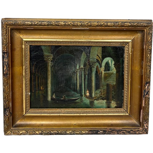 291 - AN OIL PAINTING ON CANVAS DEPICTING GONDOLAS IN AN UNDERGROUND WATER WAY, 

23cm x 16cm 

Mounted in... 