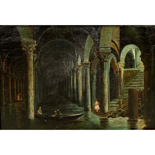 291 - AN OIL PAINTING ON CANVAS DEPICTING GONDOLAS IN AN UNDERGROUND WATER WAY, 

23cm x 16cm 

Mounted in... 