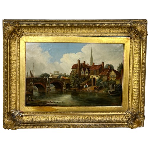 279 - HENRY BRIGHT (1810-1873): AN OIL ON CANVAS PAINTING DEPICTING NORWICH CASTLE AND CATHEDRAL WITH BISH... 