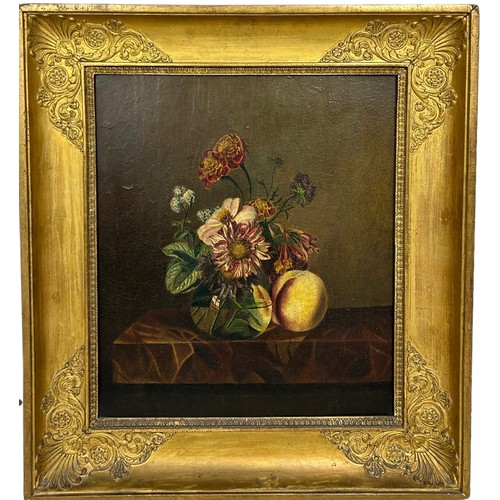 275 - A 19TH CENTURY OIL ON CANVAS PAINTING DEPICTING A STILL LIFE OF FLOWERS AND FRUIT ON A MARBLE TABLE,... 