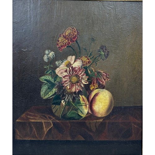 275 - A 19TH CENTURY OIL ON CANVAS PAINTING DEPICTING A STILL LIFE OF FLOWERS AND FRUIT ON A MARBLE TABLE,... 