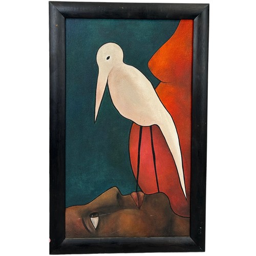 333 - AN OIL ON CANVAS PAINTING DEPICTING A BIRD WITH AFRICAN FIGURE, 

60cm x 34cm 

Mounted in an ebonis... 