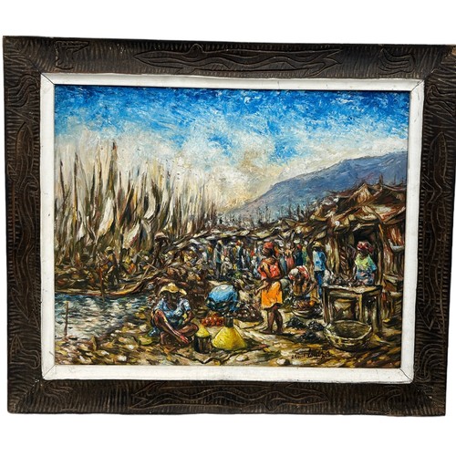 308 - ERNST LOUIZOR (1938-2011): AN OIL ON BOARD PAINTING DEPICTING FIGURES IN A VILLAGE SCENE, 

49cm x 3... 