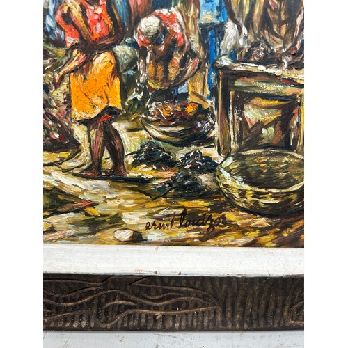 308 - ERNST LOUIZOR (1938-2011): AN OIL ON BOARD PAINTING DEPICTING FIGURES IN A VILLAGE SCENE, 

49cm x 3... 