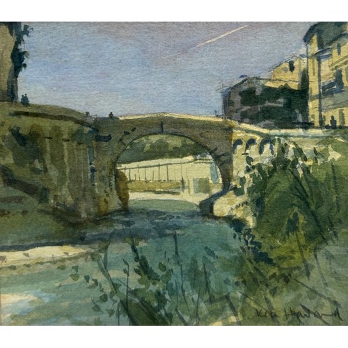 346 - KEN HOWARD RA (1932-2022): A WATERCOLOUR PAINTING ON PAPER DEPICTING A VIEW OF A BRIDGE OVER WATER, ... 