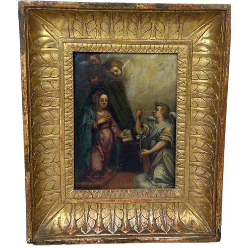 270 - AN 17TH CENTURY ITALIAN OIL PAINTING ON COPPER DEPICTING THE ANNUNCIATION, 

17cm x 13cm 

Mounted i... 