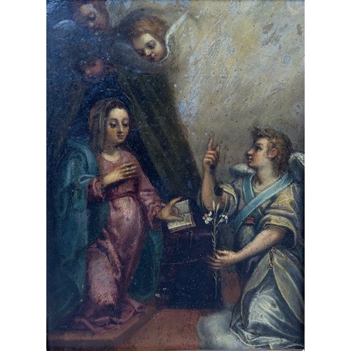 270 - AN 17TH CENTURY ITALIAN OIL PAINTING ON COPPER DEPICTING THE ANNUNCIATION, 

17cm x 13cm 

Mounted i... 