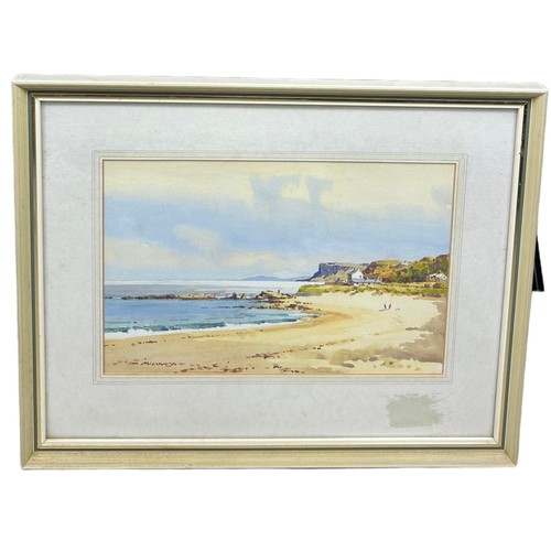 374 - SAMUEL MCLARNAN: A WATERCOLOUR PAINTING ON PAPER DEPICTING FAIRHEAD BEACH,

34cm x 21cm 

Mounted in... 