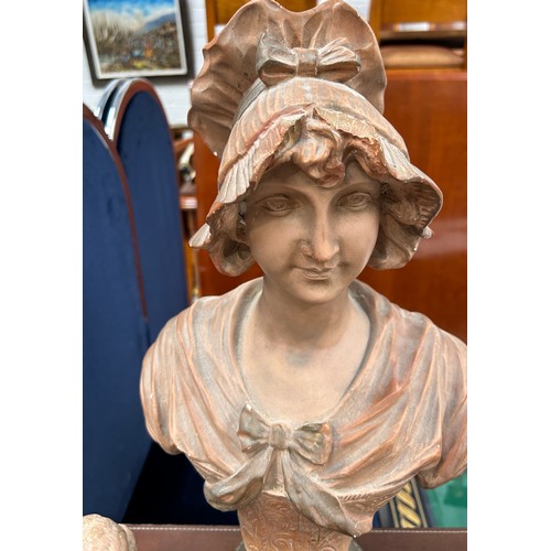 221 - A PLASTER BUST OF A LADY ALONG ANOTHER SMALL EXAMPLE AND TWO PLASTER BOOKENDS WITH FRUITS (4), 

Lar... 