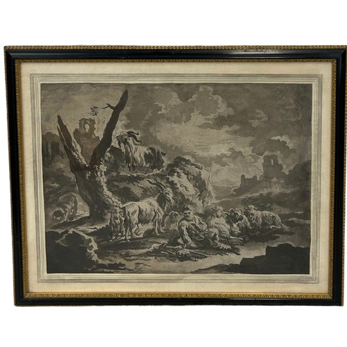 311 - AFTER THE ANTIQUE: A PEN AND WASH DRAWING DEPICTING A SHEPHERD WITH GOATS AND SHEEP AND RUINS IN THE... 