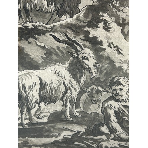 311 - AFTER THE ANTIQUE: A PEN AND WASH DRAWING DEPICTING A SHEPHERD WITH GOATS AND SHEEP AND RUINS IN THE... 