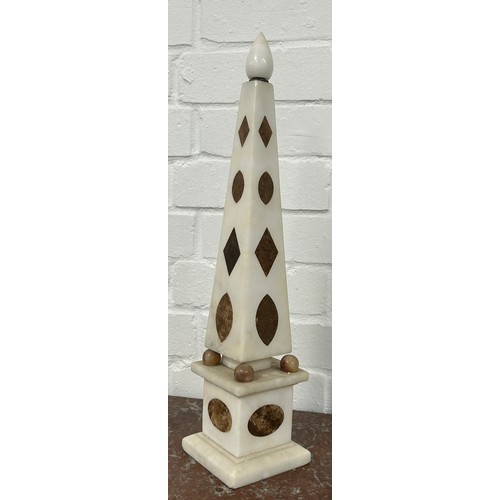 38 - AN ALABASTER AND MARBLE INLAID OBELISK, 

45cm H