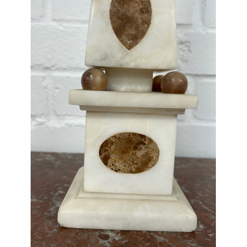 38 - AN ALABASTER AND MARBLE INLAID OBELISK, 

45cm H