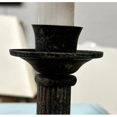 438 - A PAIR OF FAUX BRONZE VERDIGRIS TABLE LAMPS WITH WHITE SHADES, 

30cm H 

With shades 55cm H