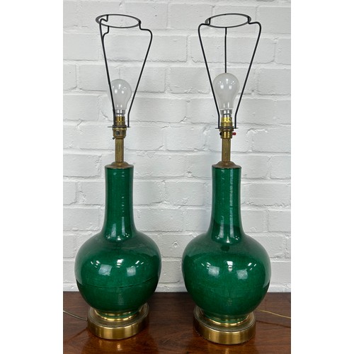 15 - A PAIR OF CHINESE GREEN GLAZED VASES ADAPTED AS TABLE LAMPS WITH SHADES, 

The vases 38cm H.

With f... 