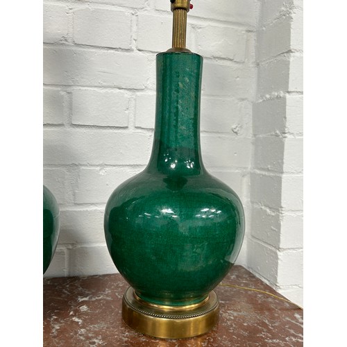 15 - A PAIR OF CHINESE GREEN GLAZED VASES ADAPTED AS TABLE LAMPS WITH SHADES, 

The vases 38cm H.

With f... 