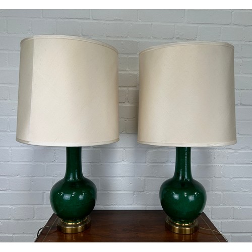 15 - A PAIR OF CHINESE GREEN GLAZED VASES ADAPTED AS TABLE LAMPS WITH SHADES, 

The vases 38cm H.

With f... 