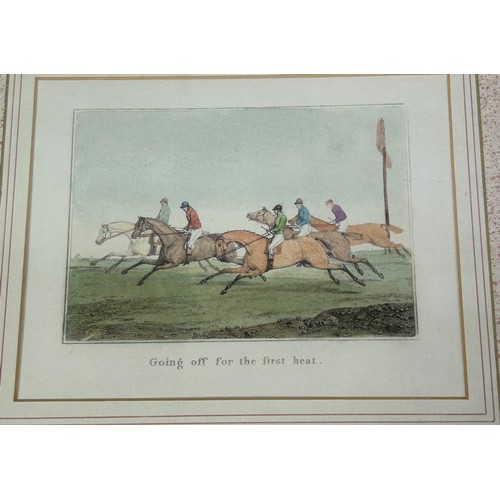 392 - FIVE PRINTS TO INCLUDE TWO COLOURED HORSE RACING PRINTS AFTER HENRY ALKEN ALONG WITH TWO THEATRE PRI... 