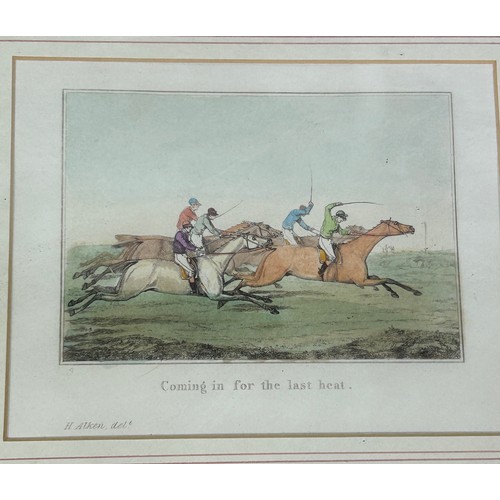 392 - FIVE PRINTS TO INCLUDE TWO COLOURED HORSE RACING PRINTS AFTER HENRY ALKEN ALONG WITH TWO THEATRE PRI... 