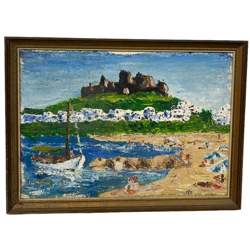 327 - AN OIL ON BOARD PAINTING DEPICTING RHODES BEACH, 

34cm x 24cm 

Framed.