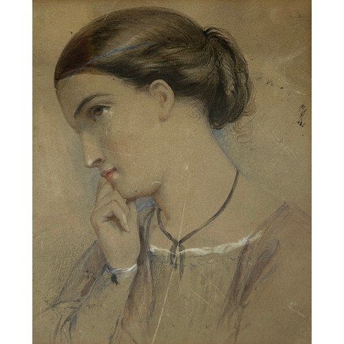 297 - A WATERCOLOUR PAINTING AND PENCIL DRAWING ON PAPER DEPICTING A PENSIVE GIRL, 

20cm x 16.5cm 

Frame... 