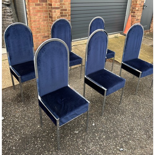 465 - ATTRIBUTED TO WILLY RIZZO: A SET OF SIX CHROME DINING CHAIRS WITH BLUE UPHOLSTERED SEATS, 

120cm x ... 