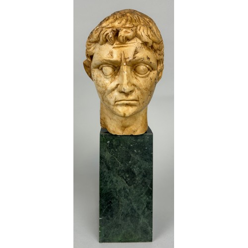 259 - A ROMAN STYLE BUST OF AN EMPEROR ON GREEN MARBLE STAND, 

Bust 17cm x 11cm 

Mounted (loose) on stan... 