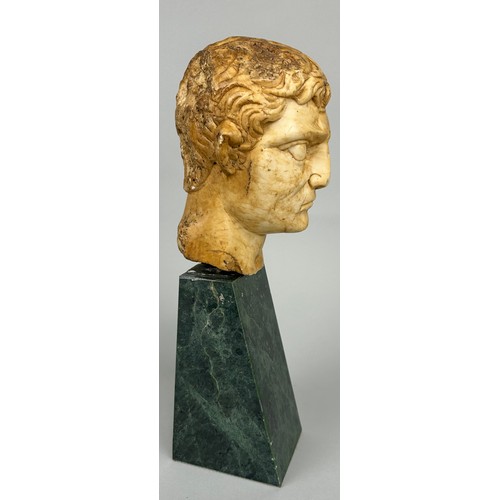 259 - A ROMAN STYLE BUST OF AN EMPEROR ON GREEN MARBLE STAND, 

Bust 17cm x 11cm 

Mounted (loose) on stan... 