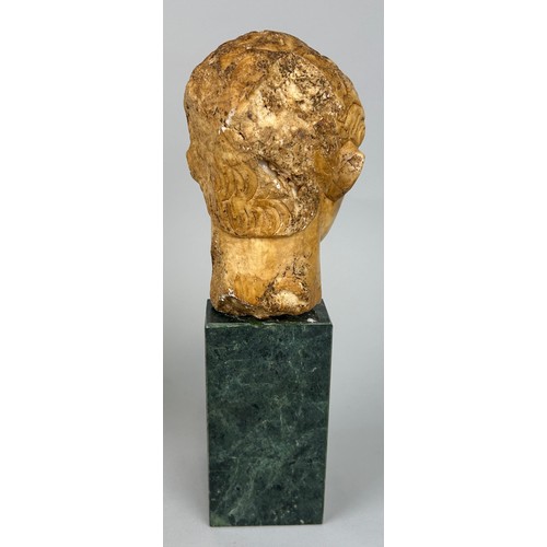 259 - A ROMAN STYLE BUST OF AN EMPEROR ON GREEN MARBLE STAND, 

Bust 17cm x 11cm 

Mounted (loose) on stan... 