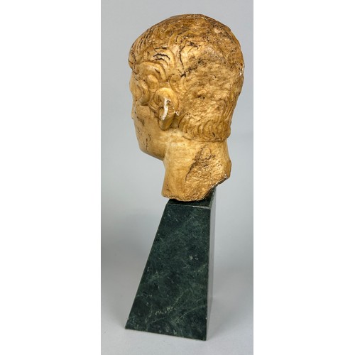 259 - A ROMAN STYLE BUST OF AN EMPEROR ON GREEN MARBLE STAND, 

Bust 17cm x 11cm 

Mounted (loose) on stan... 