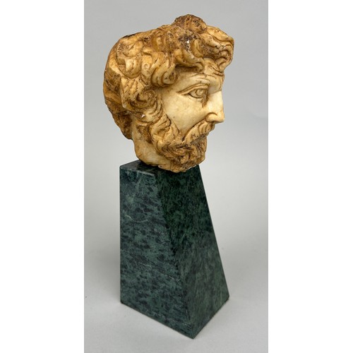 260 - A ROMAN STYLE BUST OF AN EMPEROR ON GREEN MARBLE STAND, 

Bust 14cm x 11cm 

Mounted (loosely) on gr... 