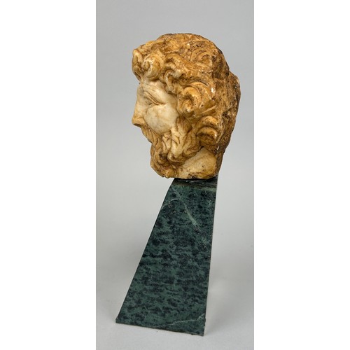 260 - A ROMAN STYLE BUST OF AN EMPEROR ON GREEN MARBLE STAND, 

Bust 14cm x 11cm 

Mounted (loosely) on gr... 